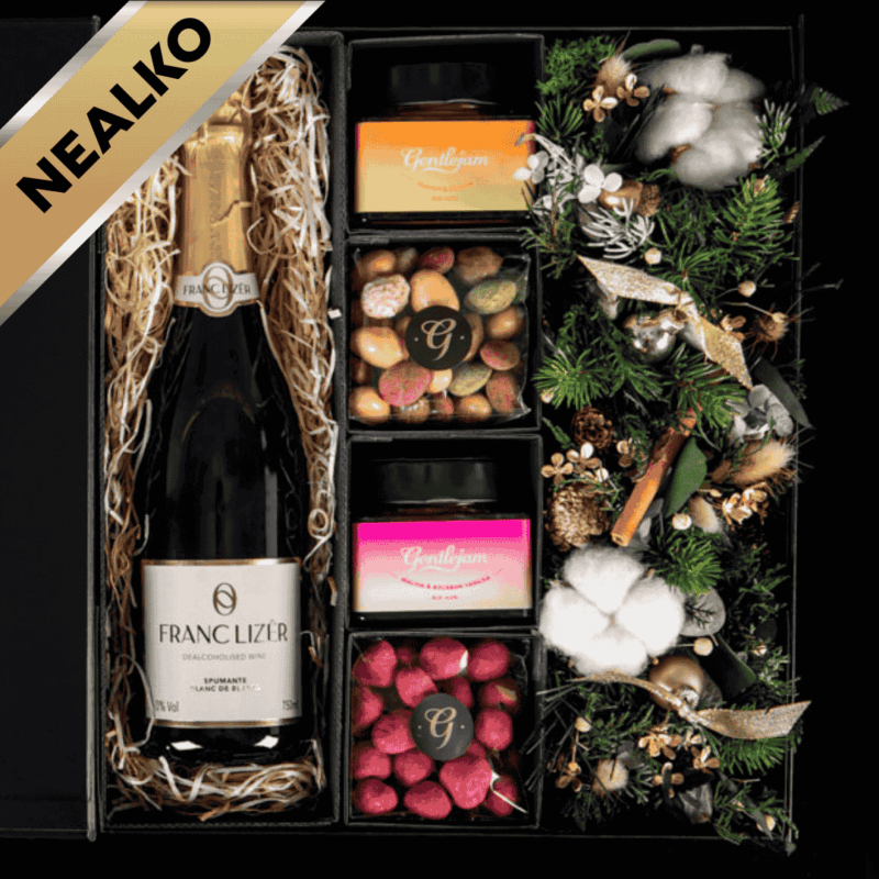 Vianočný kvetinový box s NEALKO džemami, čoko dobrotami a NEALKO vínom